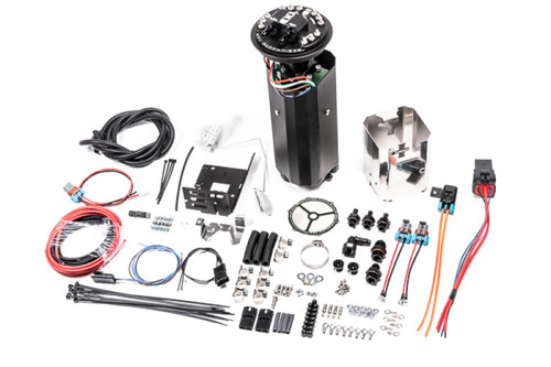 Radium R32 GT-R fuel hanger surge tank kit, top view with wiring, brackets, fittings, and mounting hardware laid out
