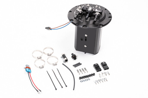 Radium Subaru fuel hanger kit for Walbro GSS342 or AEM 50-1200, top down view with hardware, clamps, and wiring