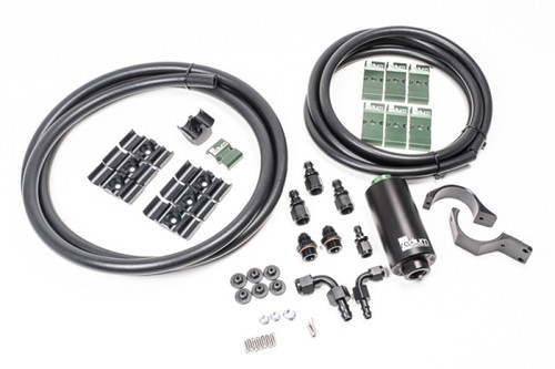 Radium Engineering MK5 Supra fuel hanger plumbing kit, showing hoses, fittings, filter, mounting bracket and clamps