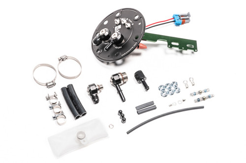 Radium fuel hanger kit for Acura Integra/Honda Civic, showing top plate, clamps, fittings, hose and wiring parts