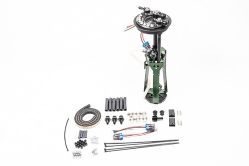 Radium Supra MK4 fuel hanger kit, top down view with hoses, fittings, hardware and mounting bracket laid out
