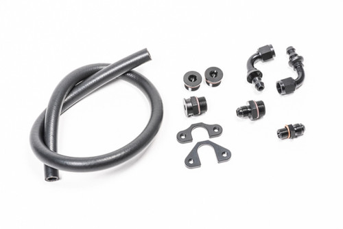 Radium Engineering Fuel Rail Plumbing kit for Honda F-H Series, black hose coiled beside AN fittings, unions, clamps and grommets on white background