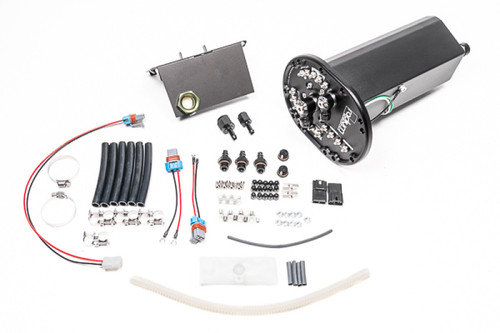 Radium fuel hanger surge tank kit for RX7 FD, showing canister, mounting bracket, hoses, and fittings