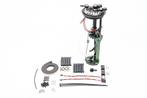 Radium Engineering fuel hanger for JZA80 Supra, angled view showing top plate, wiring and hose kit parts