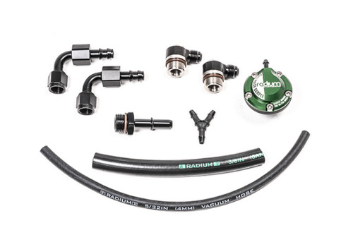 Radium Engineering 2GR-FE fuel rail plumbing kit with fittings, hose barbs, green regulator, and hoses