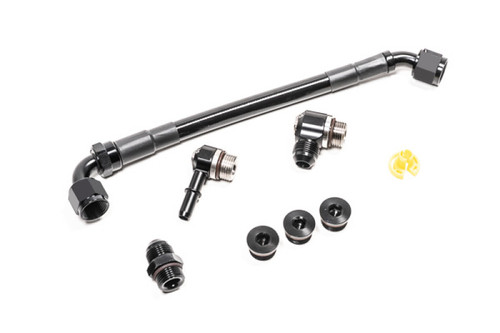 Radium Engineering LS fuel rail plumbing kit, braided crossover line, AN fittings, and plugs on white background