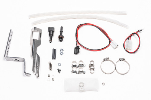 Radium Engineering fuel pump hanger dual pump add-on kit, top view showing brackets, wiring, clamps and fittings.