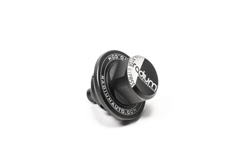 Radium Engineering fuel pressure regulator bypass, black anodized cap with logo, angled view showing fitting
