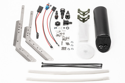Radium Engineering dual pump add-on kit for 03-19 Corvette, showing brackets, wiring, fittings, pump canister and zip ties