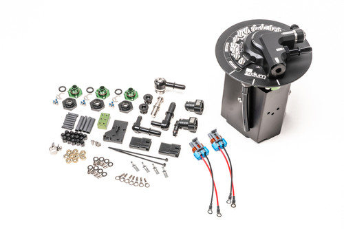 Radium Engineering fuel hanger kit for 08-14 Cadillac CTS, showing black canister, fittings, hardware and two wired connectors.