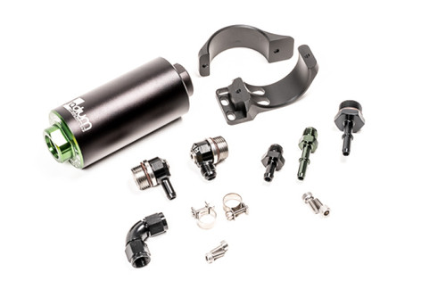 Radium Engineering fuel filter kit for Mazda MX-5, canister with green fittings, mounting bracket, hose clamps, and adapters shown.