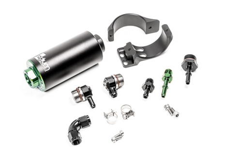 Radium Engineering fuel filter kit for Mazda MX-5, showing filter, mounting bracket, and AN fittings