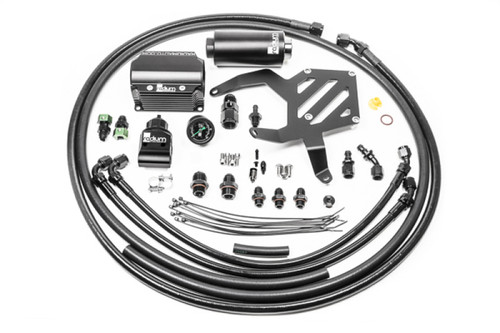 Radium Engineering fuel hanger plumbing kit with fuel filter, mounting bracket, hoses, and AN fittings laid out flat