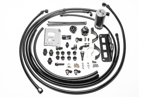 Radium Engineering fuel hanger plumbing kit for CTS-V, showing hoses, fittings, filter and mounting brackets