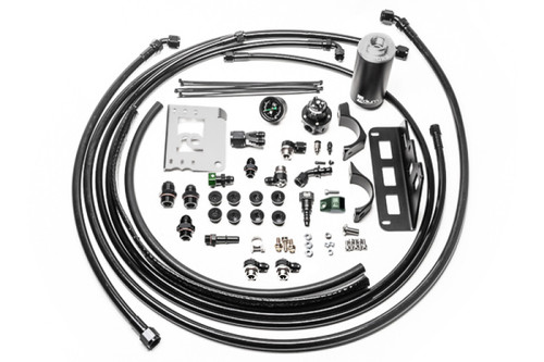 Radium Engineering fuel hanger plumbing kit for Cadillac CTS-V, top view with hoses, fittings, filter and mounting brackets