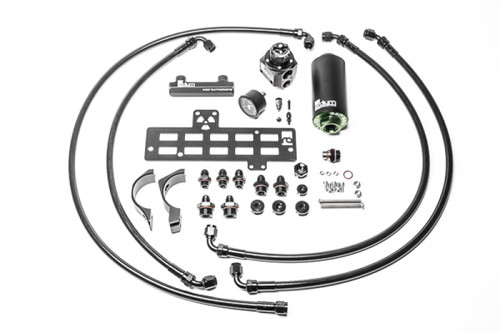 Radium Engineering PIK plumbing kit for Gallardo LP, showing braided lines, fittings, filter, and gauge