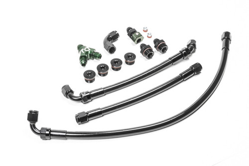 Radium Engineering fuel rail plumbing kit for Ford Coyote S197, braided lines, AN fittings, and hardware laid flat
