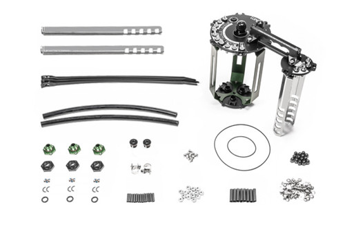 Radium FCST-X drop-in pump module kit, showing bracket, hardware, O-rings, hose lines, and mounting nuts