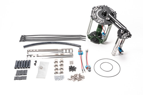 Radium Engineering FCST-X drop-in pump module kit, top angle with mounting hardware, wiring and fuel fittings laid out