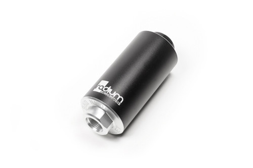 Radium Engineering fuel filter, black cylindrical body at an angle, silver AN fitting on end, logo visible