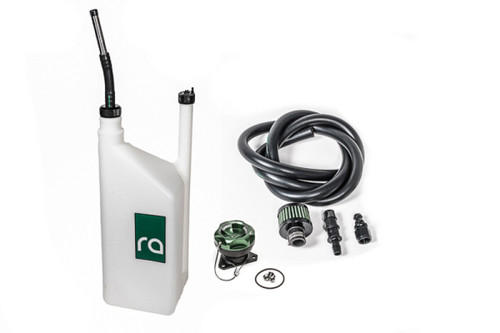 Radium Engineering FCST-X refueling kit, white catch can with ra logo, coiled hose, filler cap and fittings