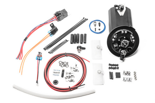 Radium Engineering FHST RA fuel surge tank kit for BMW E90/91/92/93, with wiring, fittings, and hardware laid out