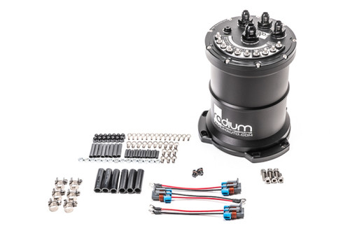 Radium multi-pump fuel surge tank, angled view showing top fittings, base plate, hardware and wiring connectors