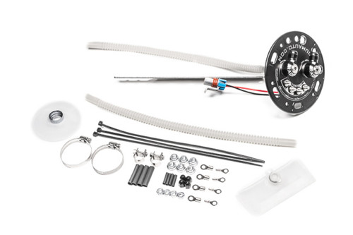 Radium Engineering fuel hanger kit for Acura NSX, showing sender plate, hoses, clamps, zip ties, and fittings