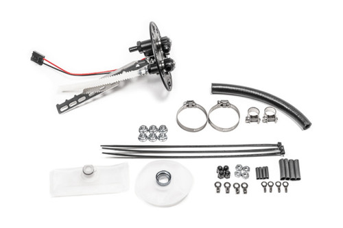 Radium Engineering fuel hanger kit for 93-98 Honda Del Sol, showing mounting flange, wiring harness, hose clamps, zip ties, and hardware laid out.