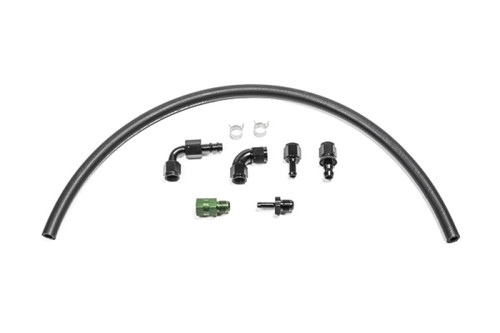 Radium Fuel Hanger Plumbing Kit for Del Sol, black hose, AN fittings, elbows, clips laid out flat