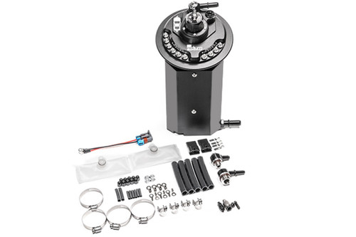 Radium fuel hanger for 11 Up Ford Mustang, black canister with fittings, clamps, wiring kit shown alongside