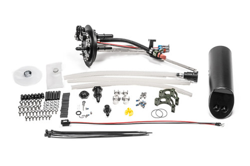 Radium fuel hanger kit for 2014-19 Corvette, showing pump mount plate, hoses, hardware, and canister.