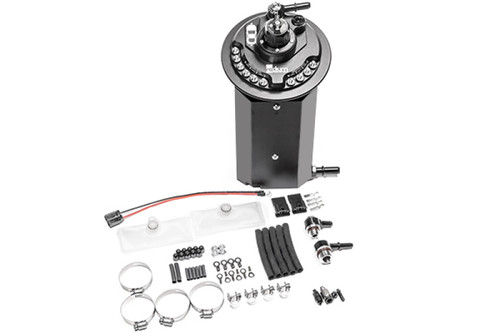 Radium Engineering fuel hanger with black cylindrical top, wiring, fittings, hose clamps and hardware laid out below