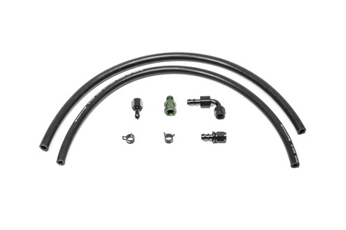 Radium Engineering fuel hanger plumbing kit showing rubber hoses, fittings, clips and a 90 degree adapter