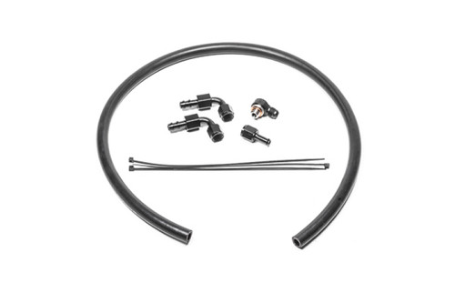 Radium Engineering NSX fuel hanger plumbing kit, black hose coiled with fittings and zip ties on white background