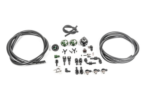 Radium Engineering Toyota 2UZ FE fuel rail plumbing kit, hoses, fittings, and pressure gauges laid out