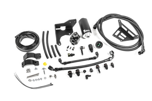 Radium Engineering fuel hanger plumbing kit with filter, hoses, brackets and fittings laid out flat