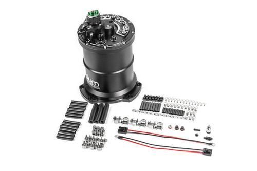 Radium multi pump fuel surge tank, angled view, with mounting hardware, fittings and wiring harness laid out beside it