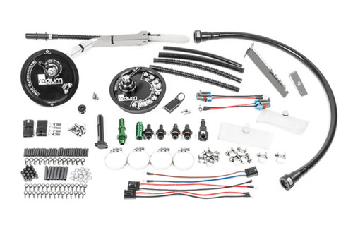 Radium Engineering BMW E36 fuel pump hanger kit, top view showing two pump caps, hose, fittings, wiring and hardware