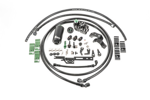 Radium Engineering fuel hanger plumbing kit for 17-21 Civic Type R, top view showing hoses, fittings, filter, brackets
