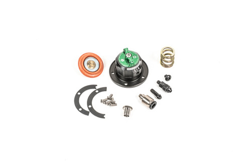 Radium Engineering RA Series FPR Conversion Kit, green regulator top view with springs, fittings, orange seal and hardware