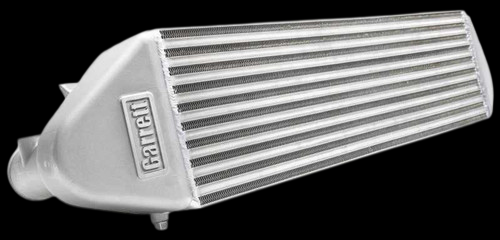 Garrett intercooler, angled front view showing bar and plate core, inlet and outlet end tanks