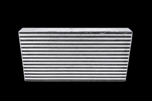 Garrett bar and plate intercooler core, front angled view showing dense fin rows and clean end tanks