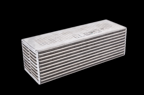 Garrett H2O/Air CAC core, angled view showing stacked cooling fins and top surface texture