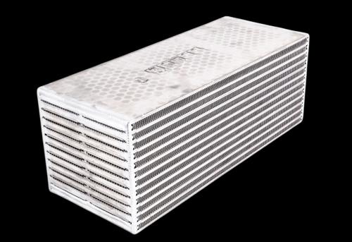 Garrett water/air intercooler core, front angled view showing finned cooling stack and end tanks, 4.80x4.50x11.90in