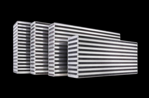 Garrett Honda Civic 1.5T/Si air to air intercooler core, four core sizes shown side by side, front angle view