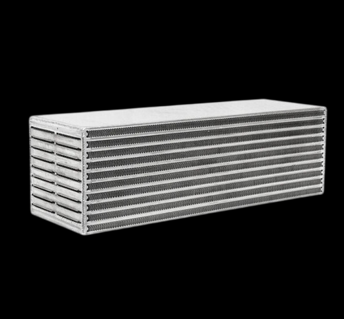 Garrett H2O / Air Intercooler CAC core shown at an angle, revealing stacked fin rows and end tanks, bare aluminum finish.