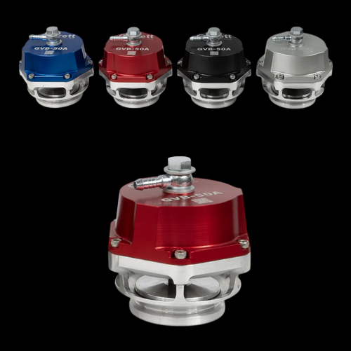 Garrett GVB-50A 50mm VTA BOV in red, top angled view showing fitting, bolts, and base, with color options above.