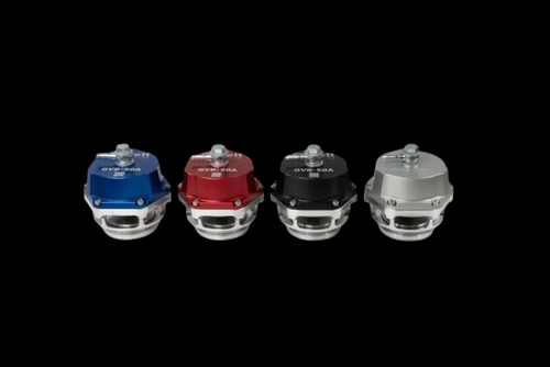 Garrett GVB-50R 50mm RCV BOV in black, blue, red and silver, front view showing valve tops and mounting flanges
