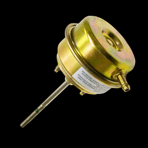 Garrett G25 wastegate actuator, gold canister with hose barb fitting and long threaded rod, angled view
